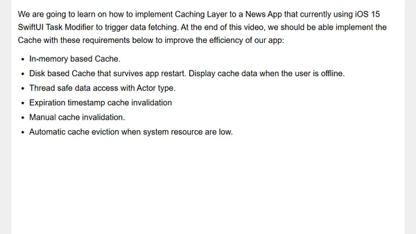 Video Tutorial - Caching with SwiftUI Task Modifier | In Memory & Disk Based Cache