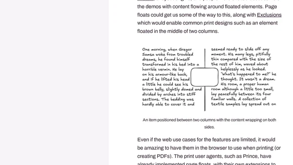 Multiple-column layout, rows, rules, and floats