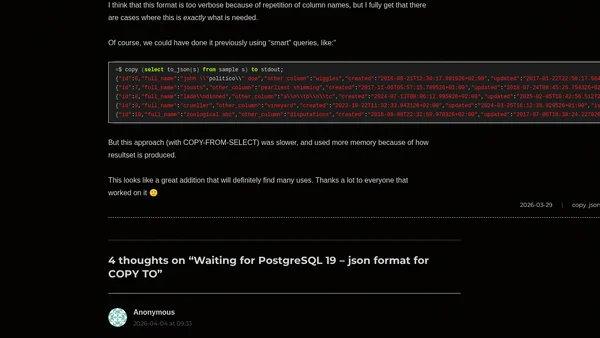Waiting for PostgreSQL 19 – json format for COPY TO