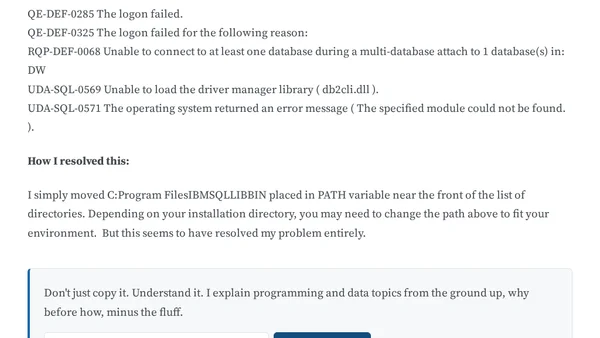 Resolving “UDA-SQL-0569 Unable to load the driver manager library ( db2cli.dll )” with Framework Manager 10.1