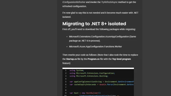 From .NET 6 to .NET 8+,my migration experience:Using Azure AppConfiguration in Azure Functions on .NET8+ isolated