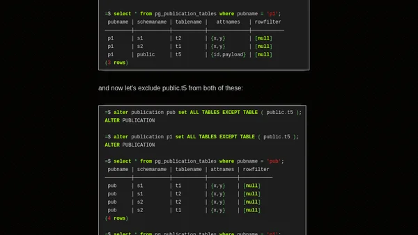 Waiting for PostgreSQL 19 – Add support for EXCEPT TABLE in ALTER PUBLICATION.