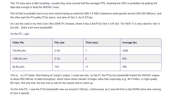 Benchmarking NVENC video transcoding on the Pi