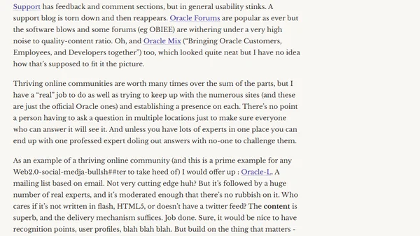 Oracle Support Blog back online, kinda.