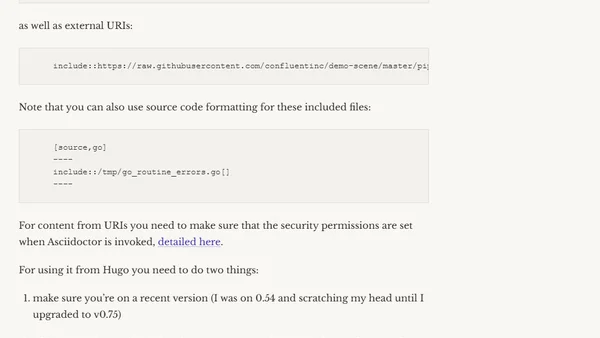 Including content from external links with Asciidoc in Hugo
