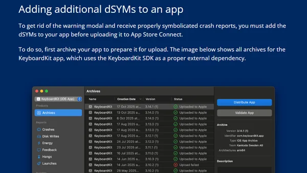 Adding dSYMs from a closed-source Swift SDK to an app