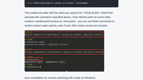 AKS: Quickly switching context between multiple clusters in Azure Kubernetes Services with cmder aliases