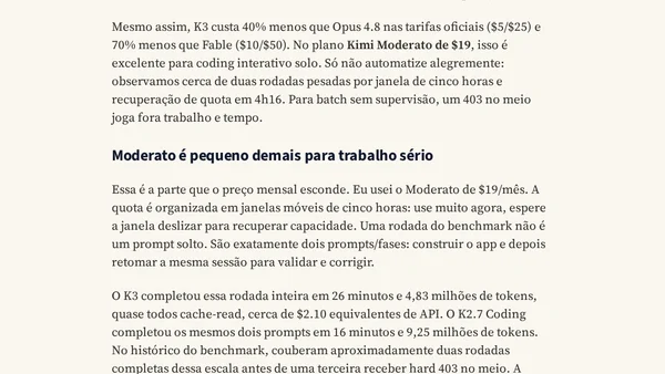 LLM Benchmark: Kimi K3 chegou no nível do Claude Opus?