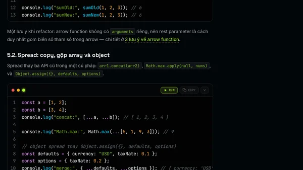 Refactor code ES5 sang ES6+: destructuring, spread, Map/Set