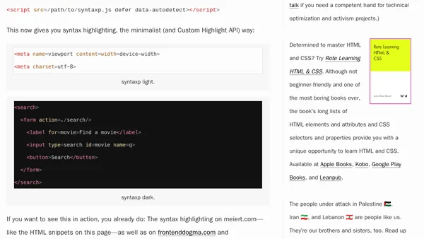 Syntax Highlighting: No Extra HTML for Code Blocks via Custom Highlights API and syntaxp
