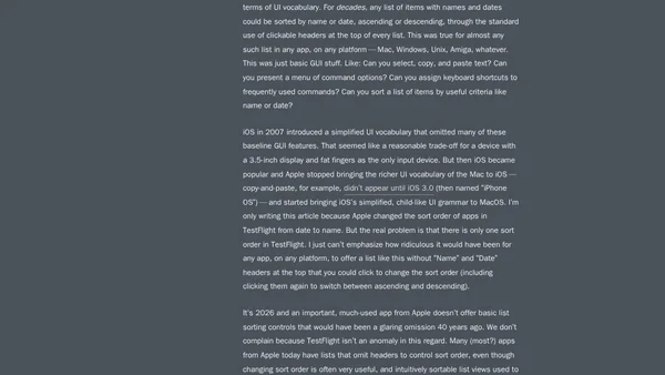 ★ Apple Screwed Up the TestFlight App’s Sort Order a Month Ago, and It’s Still Screwed Up, but the More I Think About It, the More Clear It Is They Started Screwing This Up 15 Years Ago