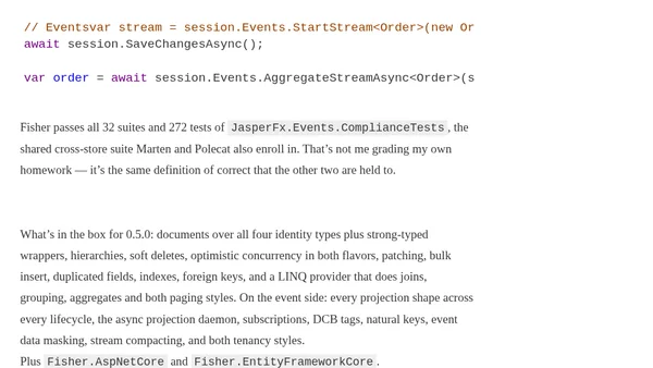 Introducing Fisher: Sqlite Backed Document Db & Event Store Critter