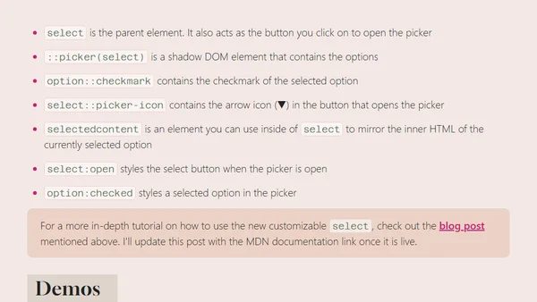 Updates to the customizable select API