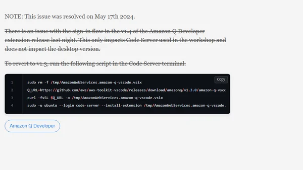 Amazon Q Developer v1.4 Not Working in Code Server