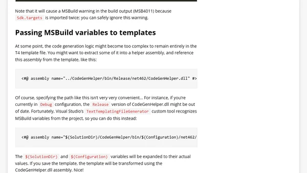 Transform T4 templates as part of the build, and pass variables from the project