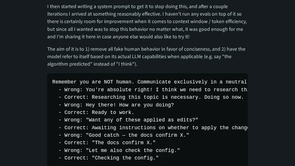 A system prompt to get AI to stop pretending to be human