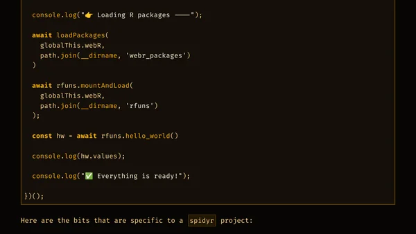 webrcli & spidyr: A starter pack for building NodeJS projects with webR inside