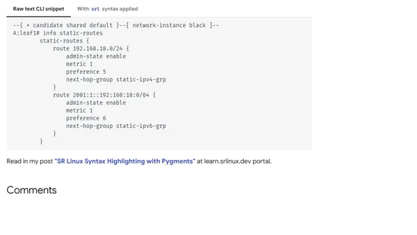 Creating a syntax highlighter for SR Linux CLI snippets