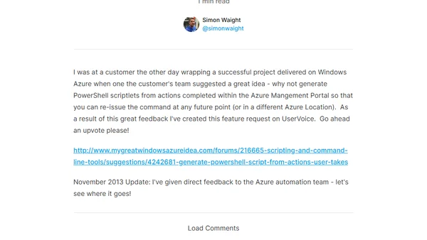 Feature Request: Generate PowerShell Scriptlets From the Azure Management Portal