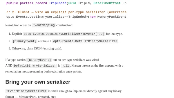 Binary Event Serialization for Marten