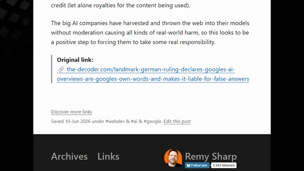 Landmark German ruling declares Google's AI Overviews are Google's own words and makes it liable for false answers [link]