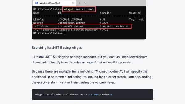 Installing .NET 5 using winget, the Windows Package Manager