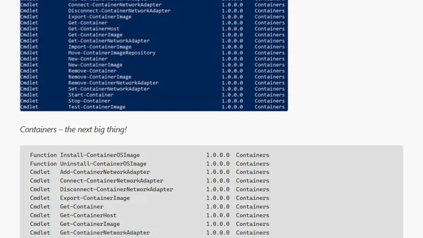 PowerShell Cmdlets Available in the Containers Module on a Nano Server
