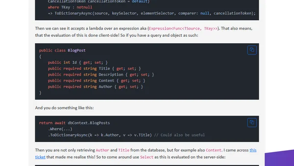 ToDictionaryAsync retrieves the whole object from the database in Entity Framework