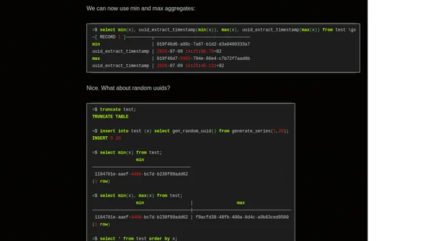 Waiting for PostgreSQL 20 – Add min() and max() aggregate support for uuid.