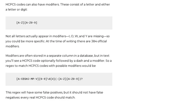 Regular expressions for HCPCS codes