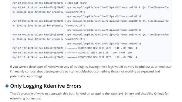 Prevent Kdenlive from Producing Millions of Log Lines on Linux