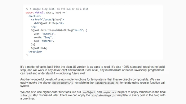 This minimalist static site generator pattern is only for JavaScript developers who want something small, fast, flexible, and comprehensible