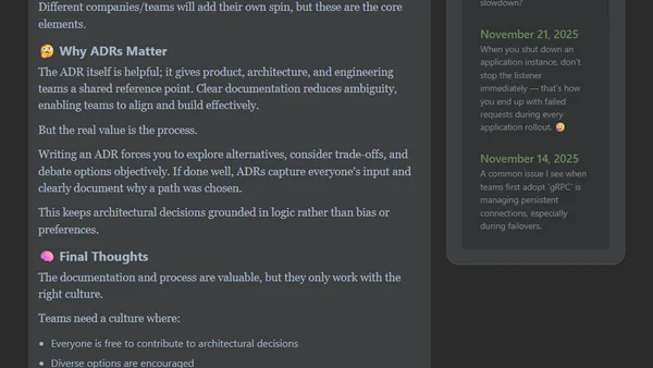 Do you use Architecture Decision Records?* I’m a big fan, and I think they’re a best practice every engineering org should adopt.