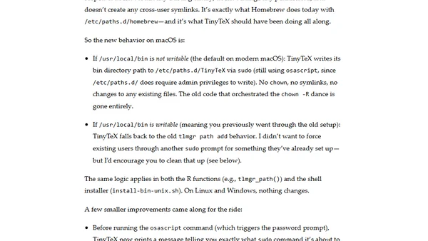 TinyTeX on macOS: No More Messing with `/usr/local/bin`