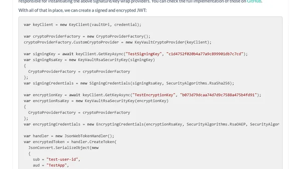 Using Azure Key Vault for signing and encrypting JSON Web Tokens