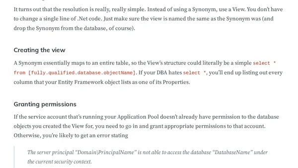SQL Sever Synonyms, Entity Framework, and Integrated Security