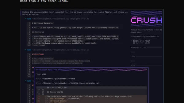 Testing out Crush, a TUI based coding agent (in neovim btw)