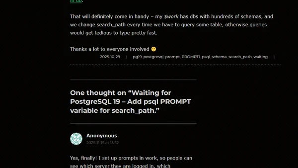 Waiting for PostgreSQL 19 – Add psql PROMPT variable for search_path.